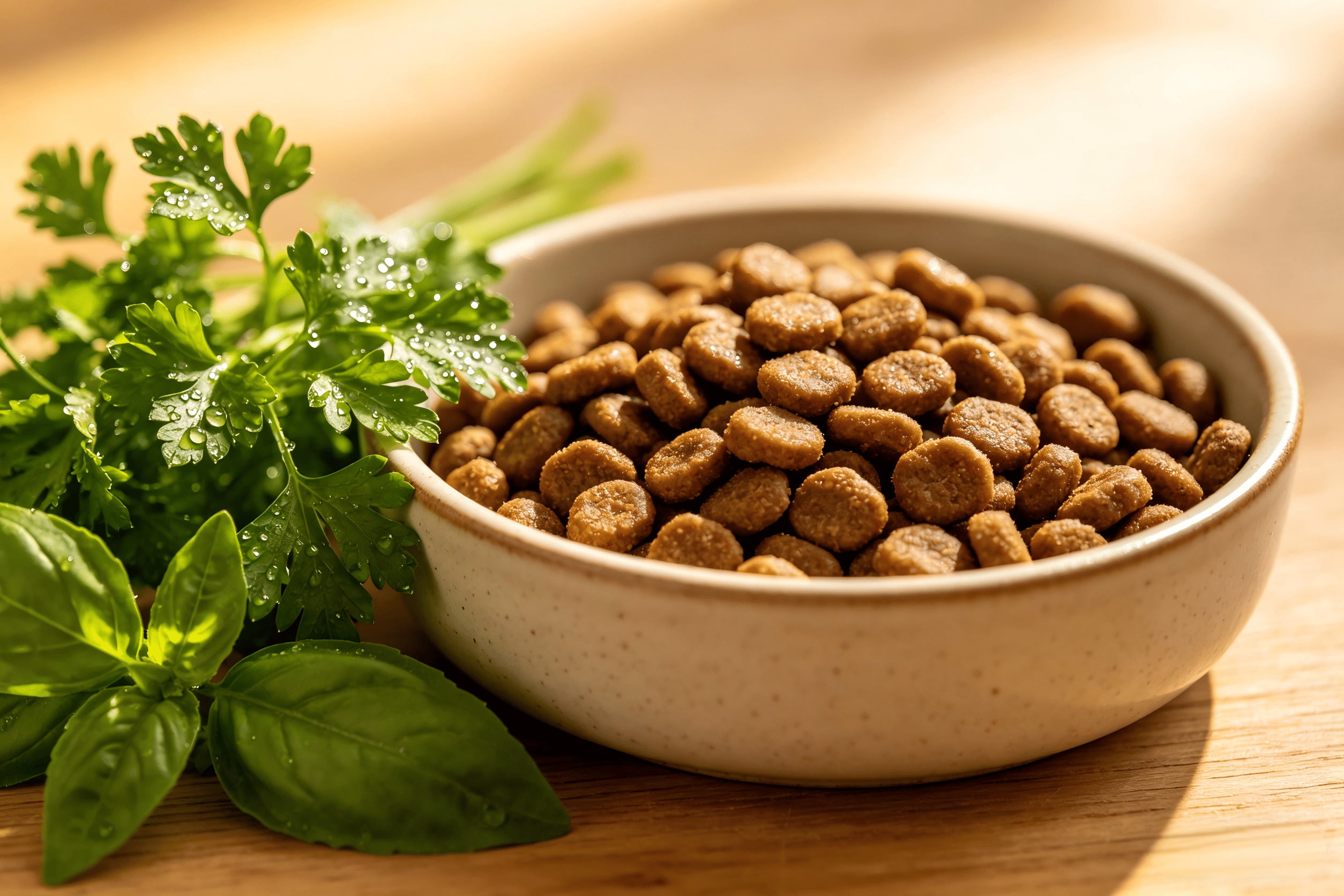 A bowl of pet food with fresh herbs next to it